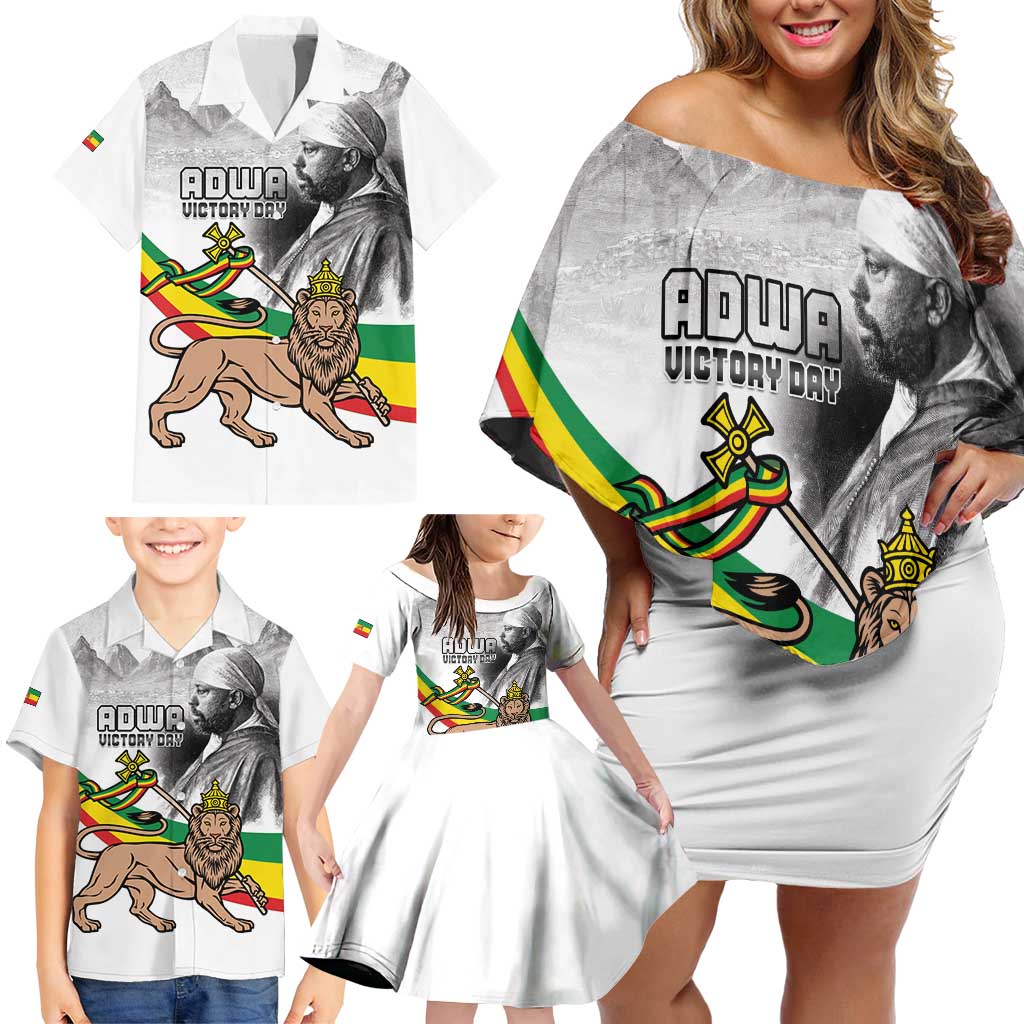 Adwa Victory Day Family Matching Off Shoulder Short Dress and Hawaiian Shirt Menelik II and Mount Soloda - Lion Of Judah