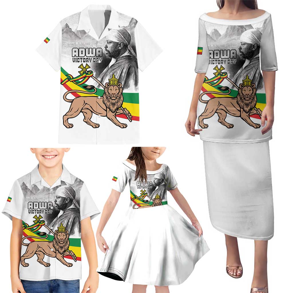 Adwa Victory Day Family Matching Puletasi and Hawaiian Shirt Menelik II and Mount Soloda - Lion Of Judah