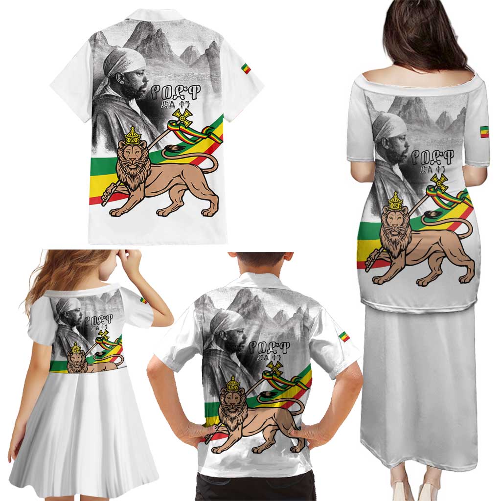 Adwa Victory Day Family Matching Puletasi and Hawaiian Shirt Menelik II and Mount Soloda - Lion Of Judah