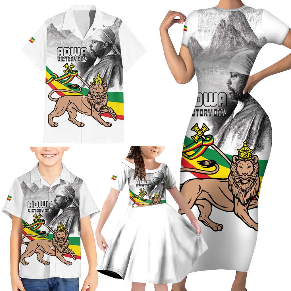 Adwa Victory Day Family Matching Short Sleeve Bodycon Dress and Hawaiian Shirt Menelik II and Mount Soloda - Lion Of Judah