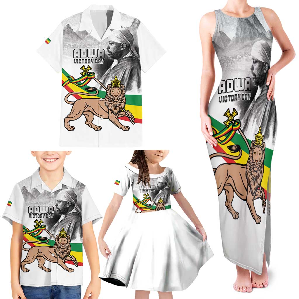 Adwa Victory Day Family Matching Tank Maxi Dress and Hawaiian Shirt Menelik II and Mount Soloda - Lion Of Judah