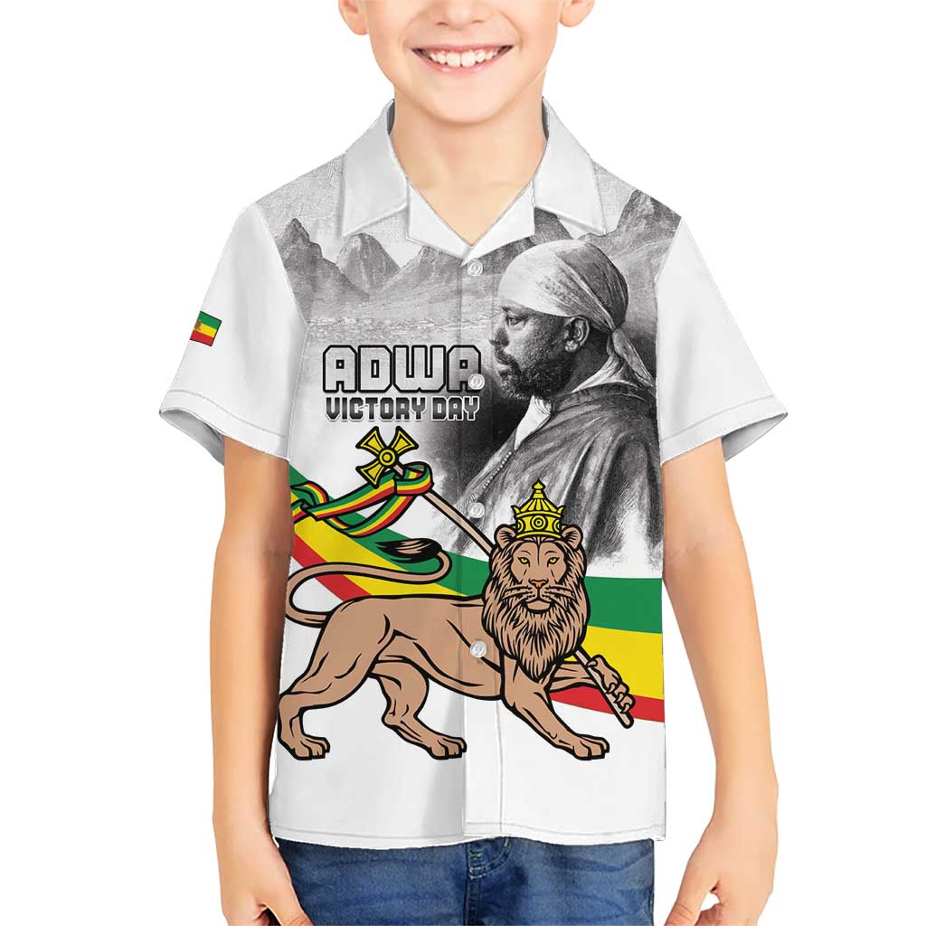 Adwa Victory Day Kid Hawaiian Shirt Menelik II and Mount Soloda - Lion Of Judah
