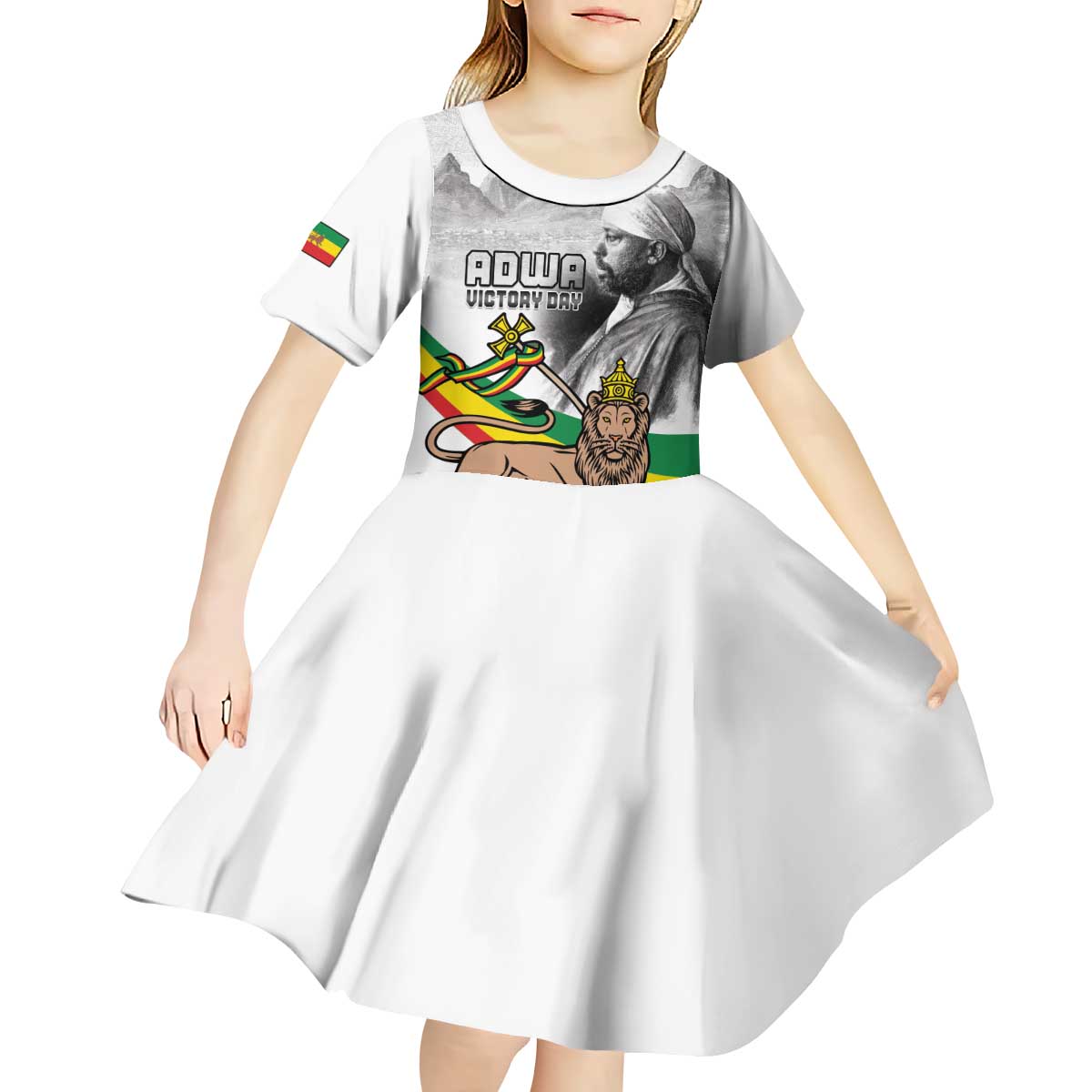 Adwa Victory Day Kid Short Sleeve Dress Menelik II and Mount Soloda - Lion Of Judah