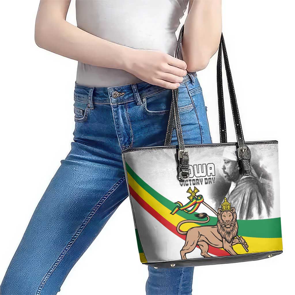 Adwa Victory Day Leather Tote Bag Menelik II and Mount Soloda - Lion Of Judah