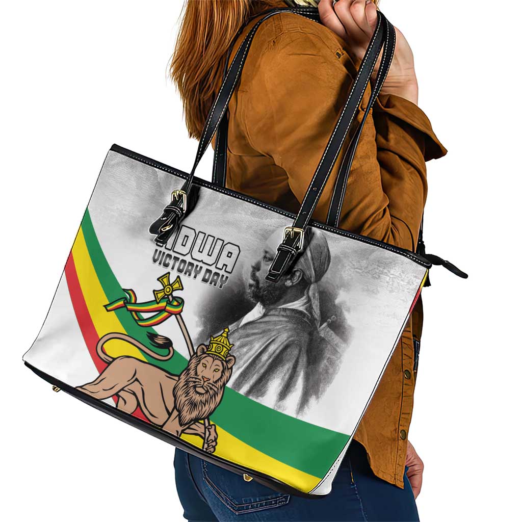 Adwa Victory Day Leather Tote Bag Menelik II and Mount Soloda - Lion Of Judah