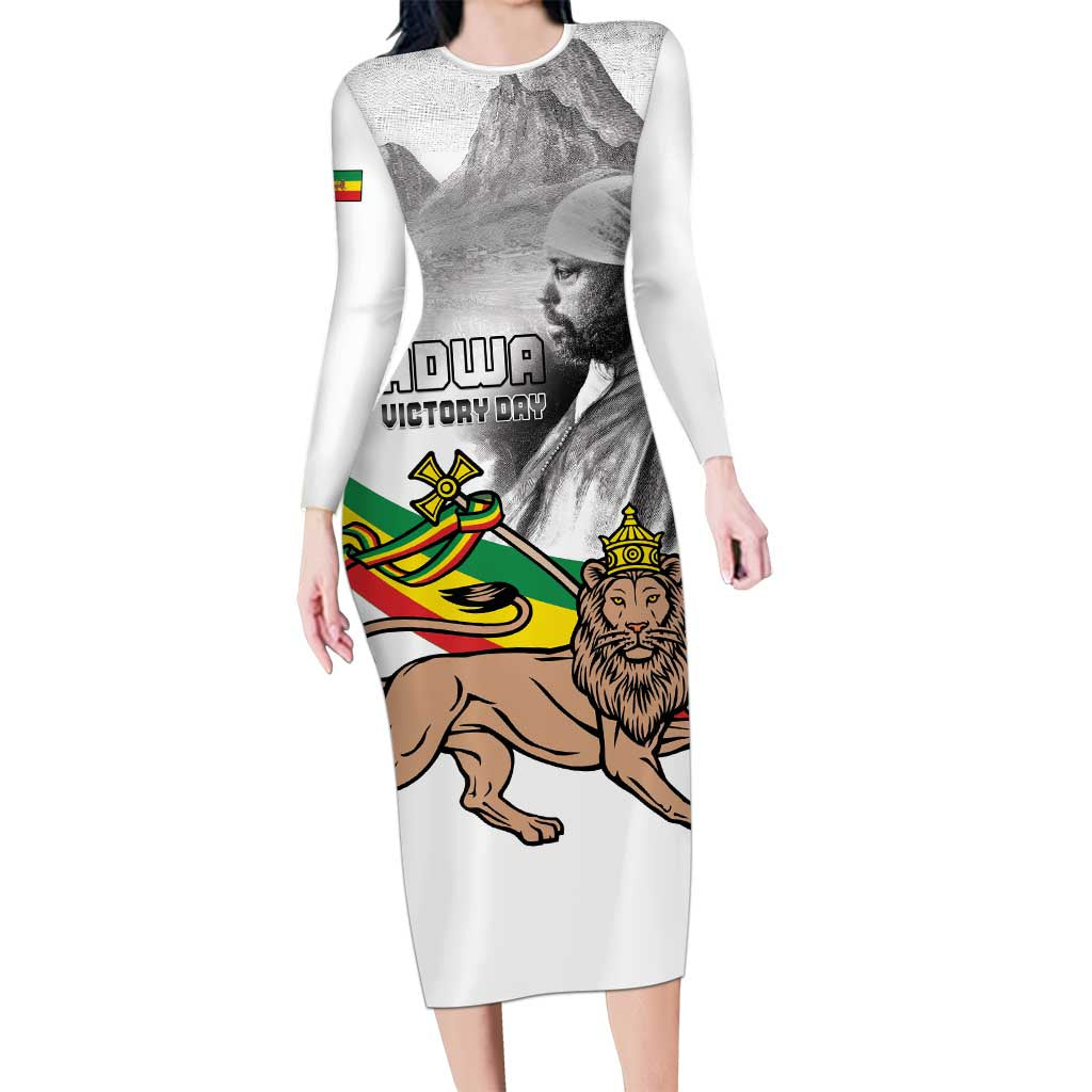 Adwa Victory Day Long Sleeve Bodycon Dress Menelik II and Mount Soloda - Lion Of Judah