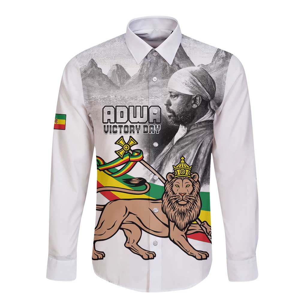 Adwa Victory Day Long Sleeve Button Shirt Menelik II and Mount Soloda - Lion Of Judah