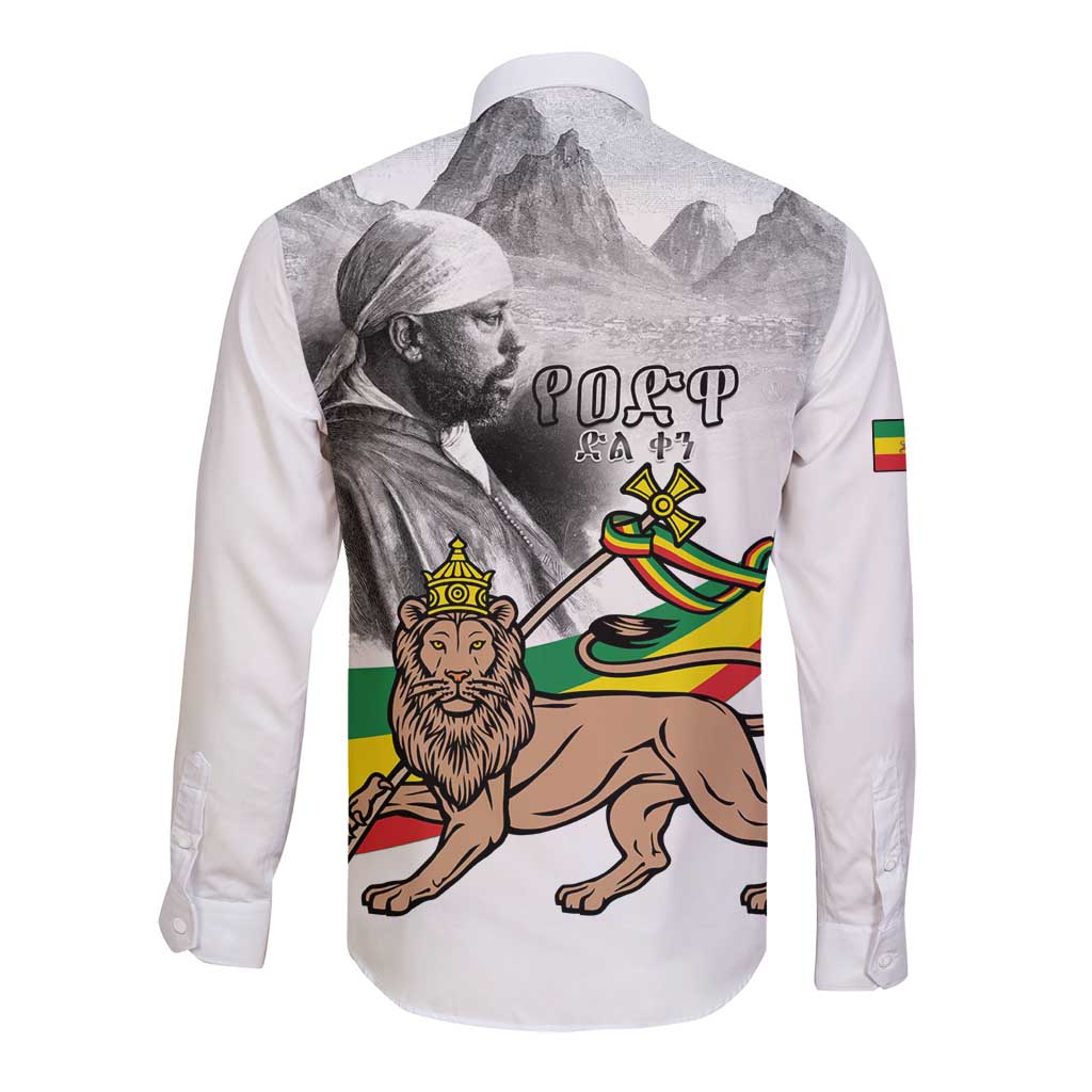 Adwa Victory Day Long Sleeve Button Shirt Menelik II and Mount Soloda - Lion Of Judah