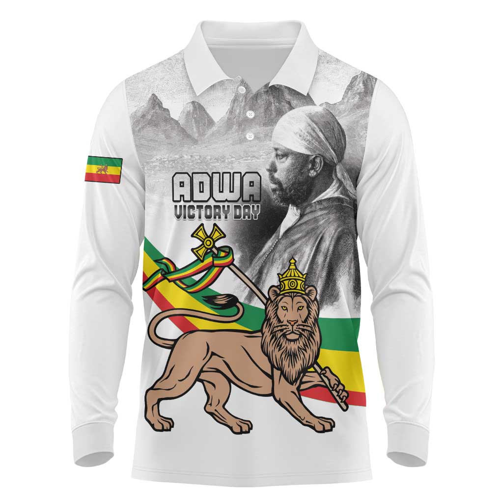 Adwa Victory Day Long Sleeve Polo Shirt Menelik II and Mount Soloda - Lion Of Judah