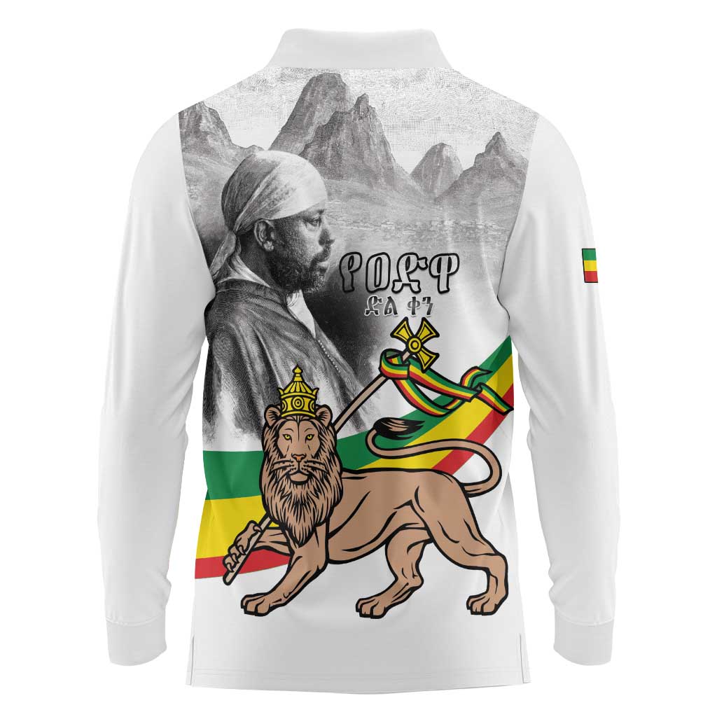 Adwa Victory Day Long Sleeve Polo Shirt Menelik II and Mount Soloda - Lion Of Judah