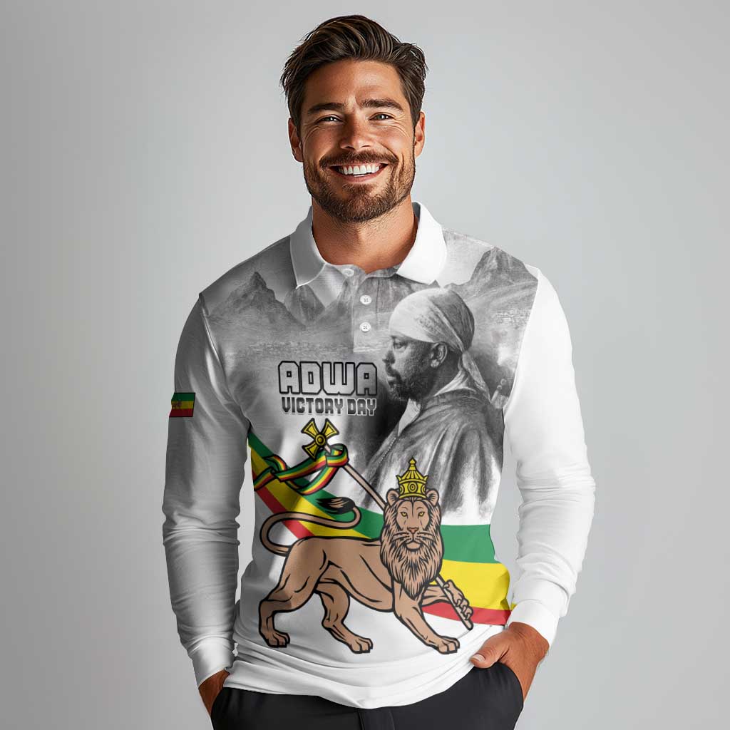 Adwa Victory Day Long Sleeve Polo Shirt Menelik II and Mount Soloda - Lion Of Judah