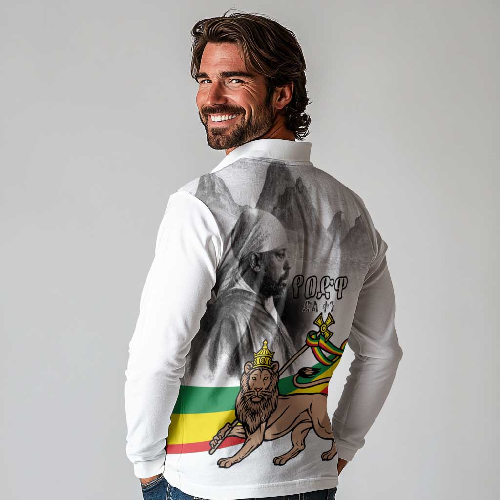 Adwa Victory Day Long Sleeve Polo Shirt Menelik II and Mount Soloda - Lion Of Judah