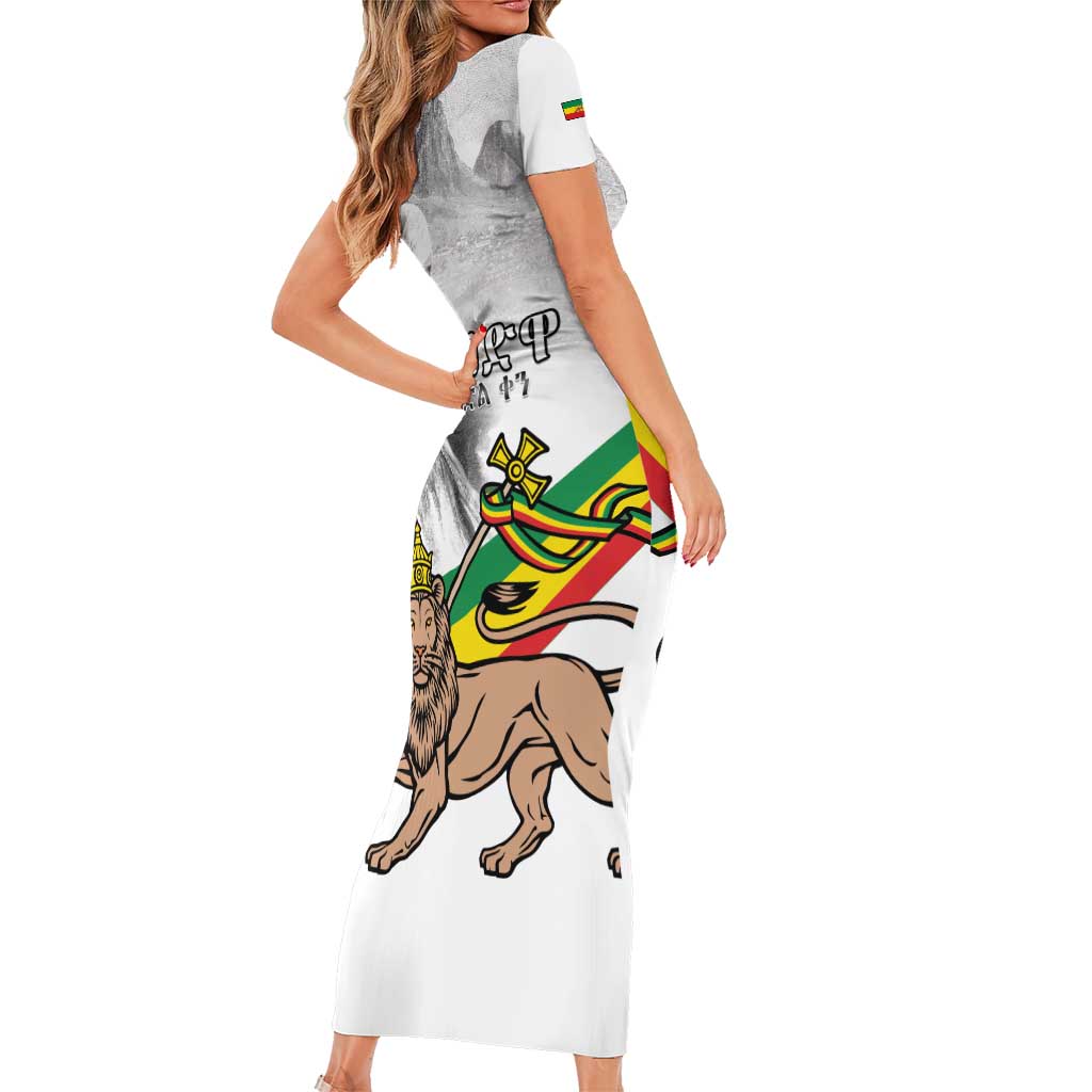 Adwa Victory Day Short Sleeve Bodycon Dress Menelik II and Mount Soloda - Lion Of Judah - Wonder Print Shop