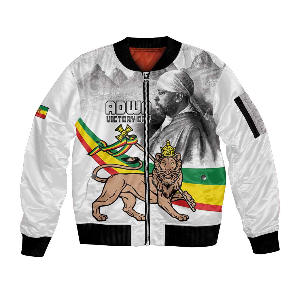 Adwa Victory Day Sleeve Zip Bomber Jacket Menelik II and Mount Soloda - Lion Of Judah - Wonder Print Shop