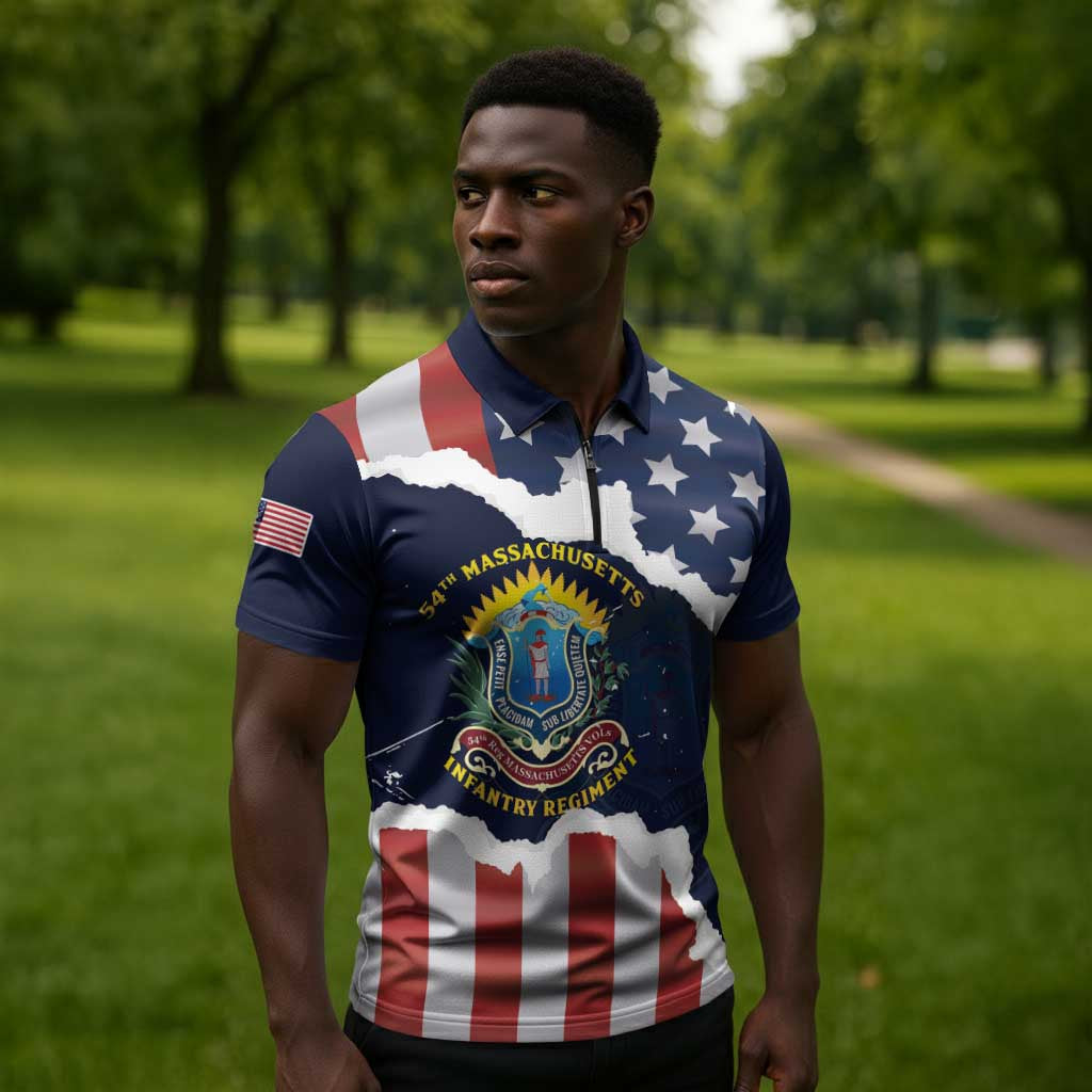 Personalized 54th Massachusetts Infantry Regiment Zipper Polo Shirt American Flag Heritage - Wonder Print Shop