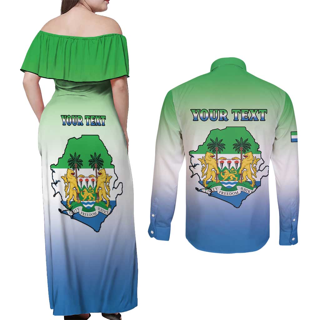 Personalised Sierra Leone Couples Matching Off Shoulder Maxi Dress and Long Sleeve Button Shirt Happy Independence Day