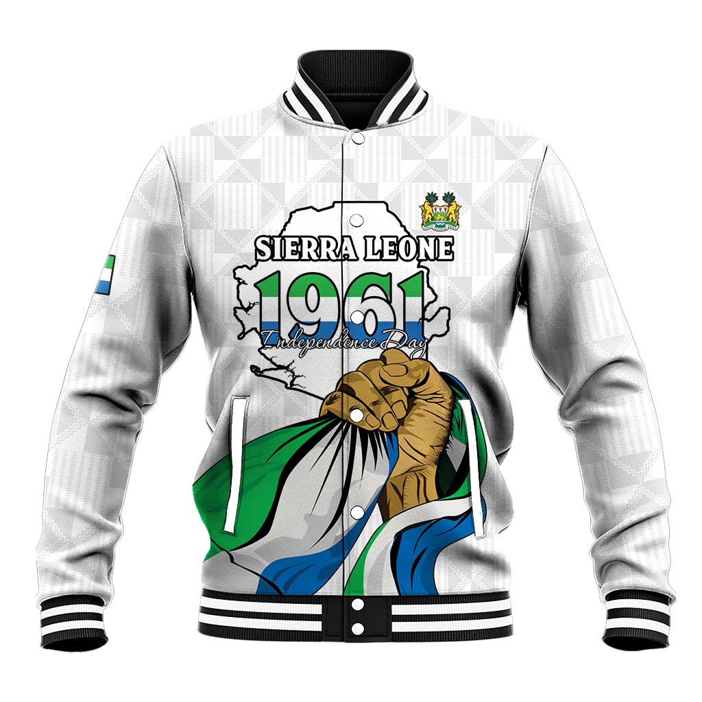 Personalised Sierra Leone Independence Day Baseball Jacket Map With Kente Pattern