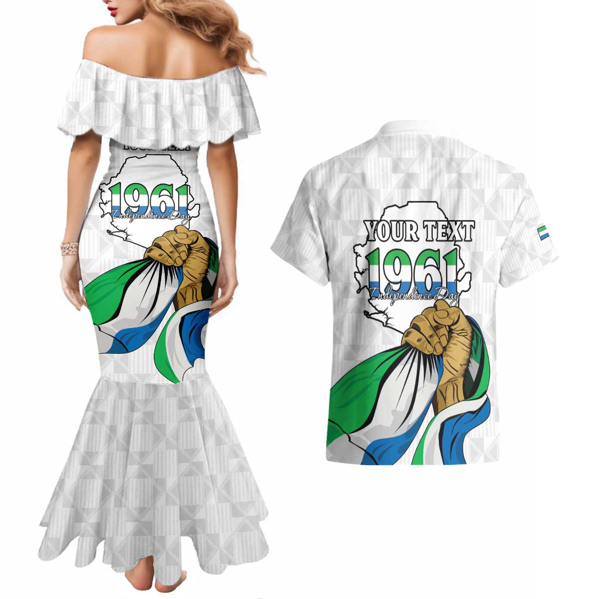 Personalised Sierra Leone Independence Day Couples Matching Mermaid Dress and Hawaiian Shirt Map With Kente Pattern