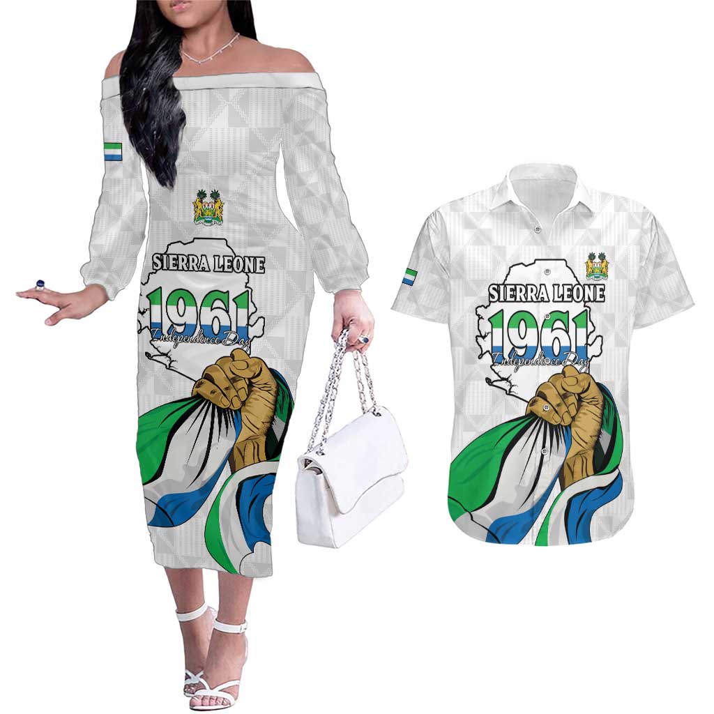 Personalised Sierra Leone Independence Day Couples Matching Off The Shoulder Long Sleeve Dress and Hawaiian Shirt Map With Kente Pattern