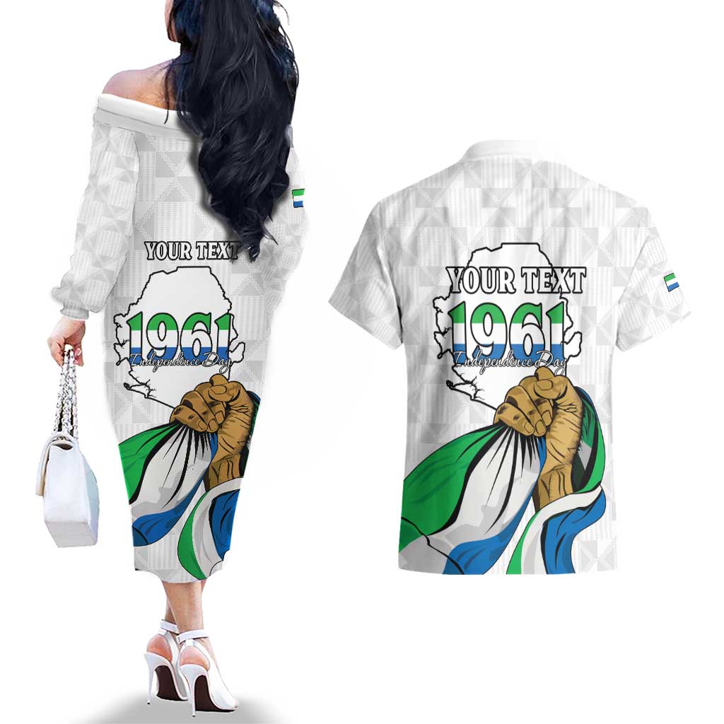 Personalised Sierra Leone Independence Day Couples Matching Off The Shoulder Long Sleeve Dress and Hawaiian Shirt Map With Kente Pattern