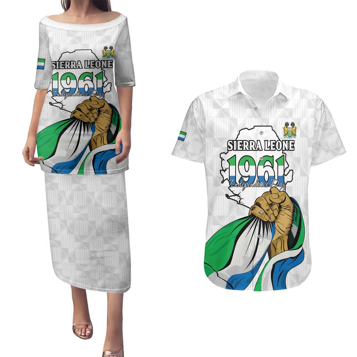 Personalised Sierra Leone Independence Day Couples Matching Puletasi and Hawaiian Shirt Map With Kente Pattern