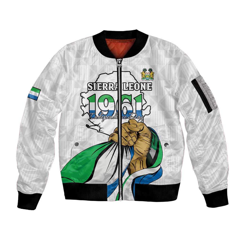 Personalised Sierra Leone Independence Day Sleeve Zip Bomber Jacket Map With Kente Pattern