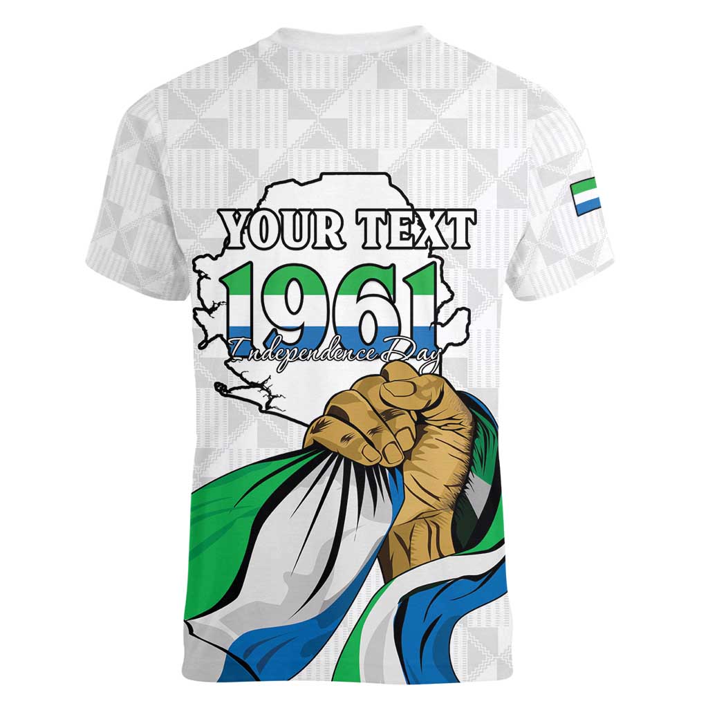 Personalised Sierra Leone Independence Day Women V-Neck T-Shirt Map With Kente Pattern