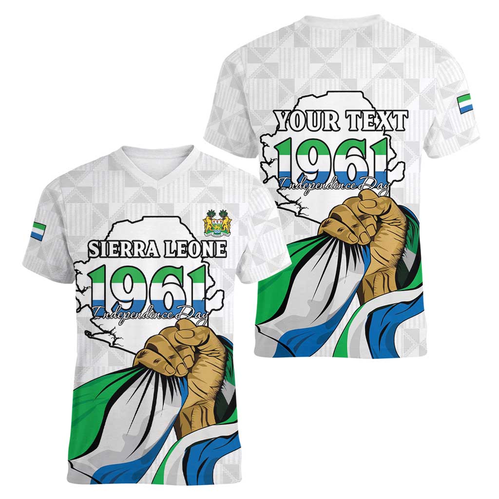 Personalised Sierra Leone Independence Day Women V-Neck T-Shirt Map With Kente Pattern
