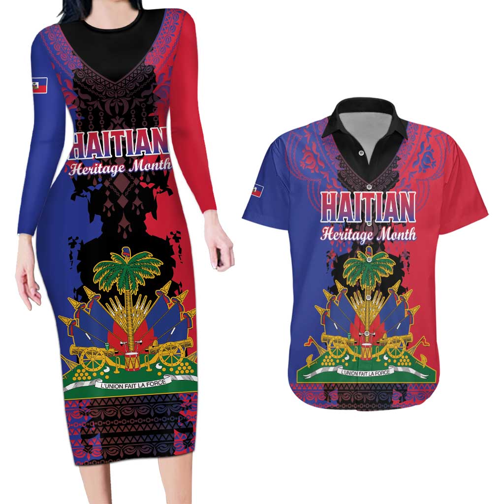 Personalised Haitian Heritage Month Couples Matching Long Sleeve Bodycon Dress and Hawaiian Shirt Citadelle Laferriere Dashiki Pattern