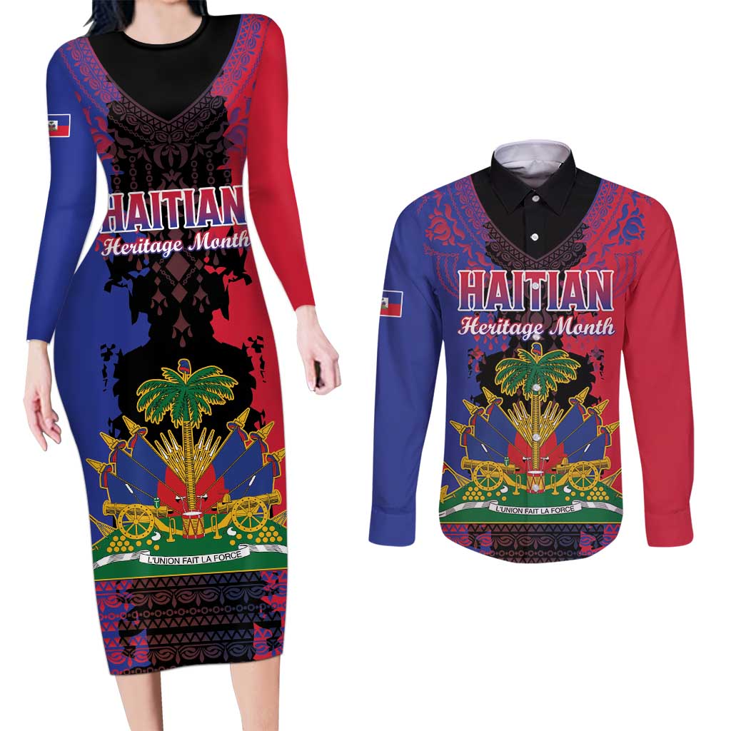 Personalised Haitian Heritage Month Couples Matching Long Sleeve Bodycon Dress and Long Sleeve Button Shirt Citadelle Laferriere Dashiki Pattern