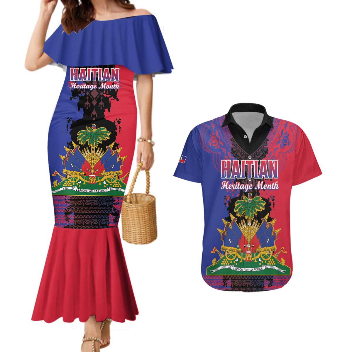 Personalised Haitian Heritage Month Couples Matching Mermaid Dress and Hawaiian Shirt Citadelle Laferriere Dashiki Pattern