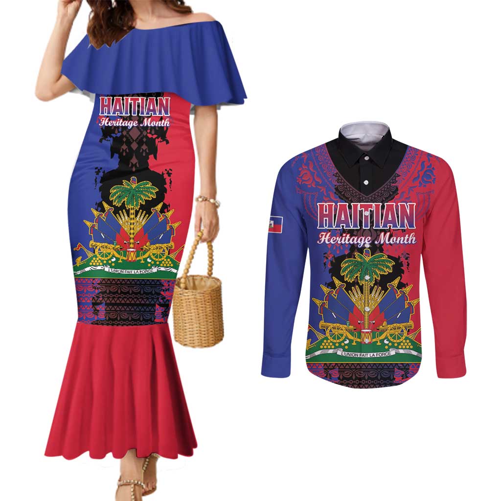 Personalised Haitian Heritage Month Couples Matching Mermaid Dress and Long Sleeve Button Shirt Citadelle Laferriere Dashiki Pattern