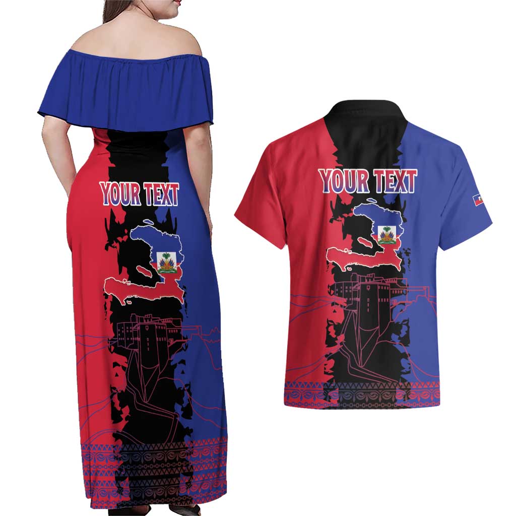 Personalised Haitian Heritage Month Couples Matching Off Shoulder Maxi Dress and Hawaiian Shirt Citadelle Laferriere Dashiki Pattern
