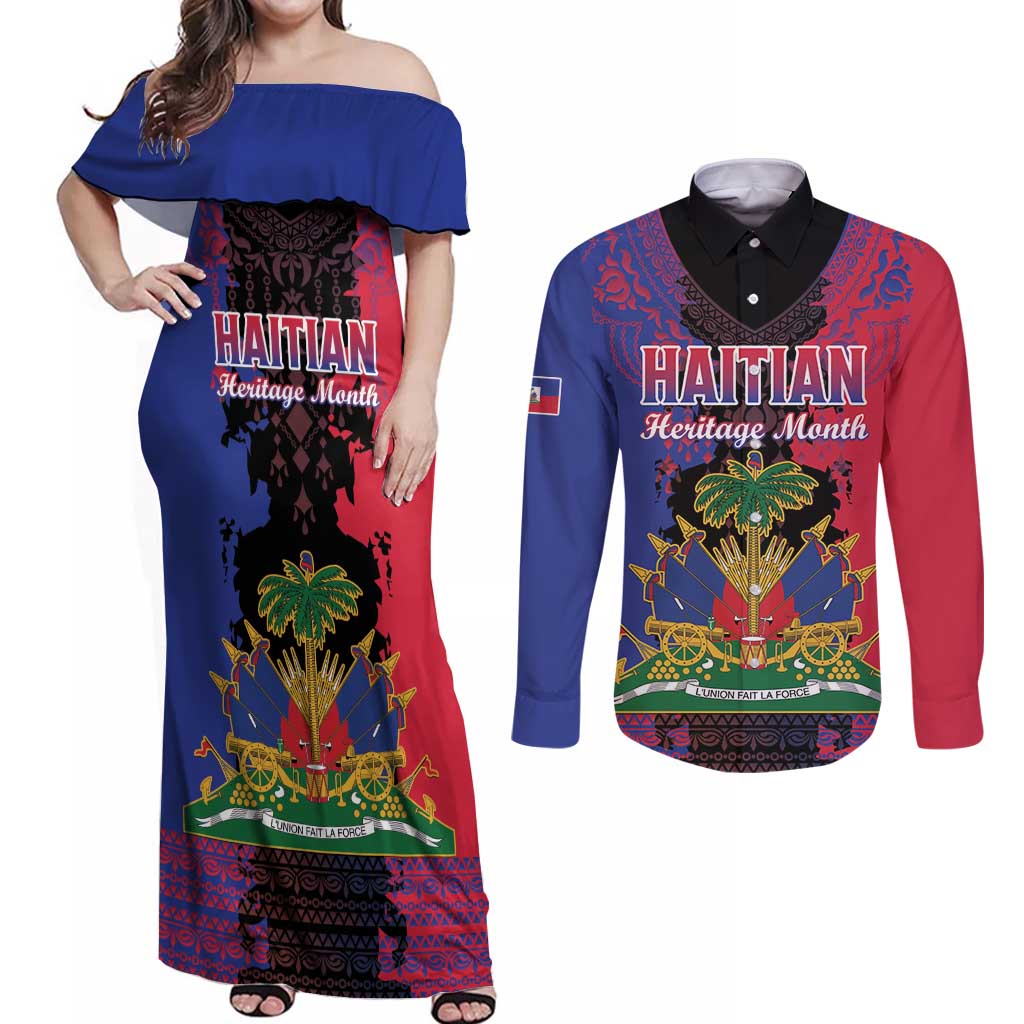 Personalised Haitian Heritage Month Couples Matching Off Shoulder Maxi Dress and Long Sleeve Button Shirt Citadelle Laferriere Dashiki Pattern