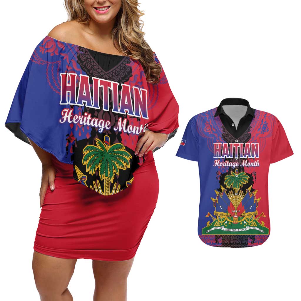 Personalised Haitian Heritage Month Couples Matching Off Shoulder Short Dress and Hawaiian Shirt Citadelle Laferriere Dashiki Pattern