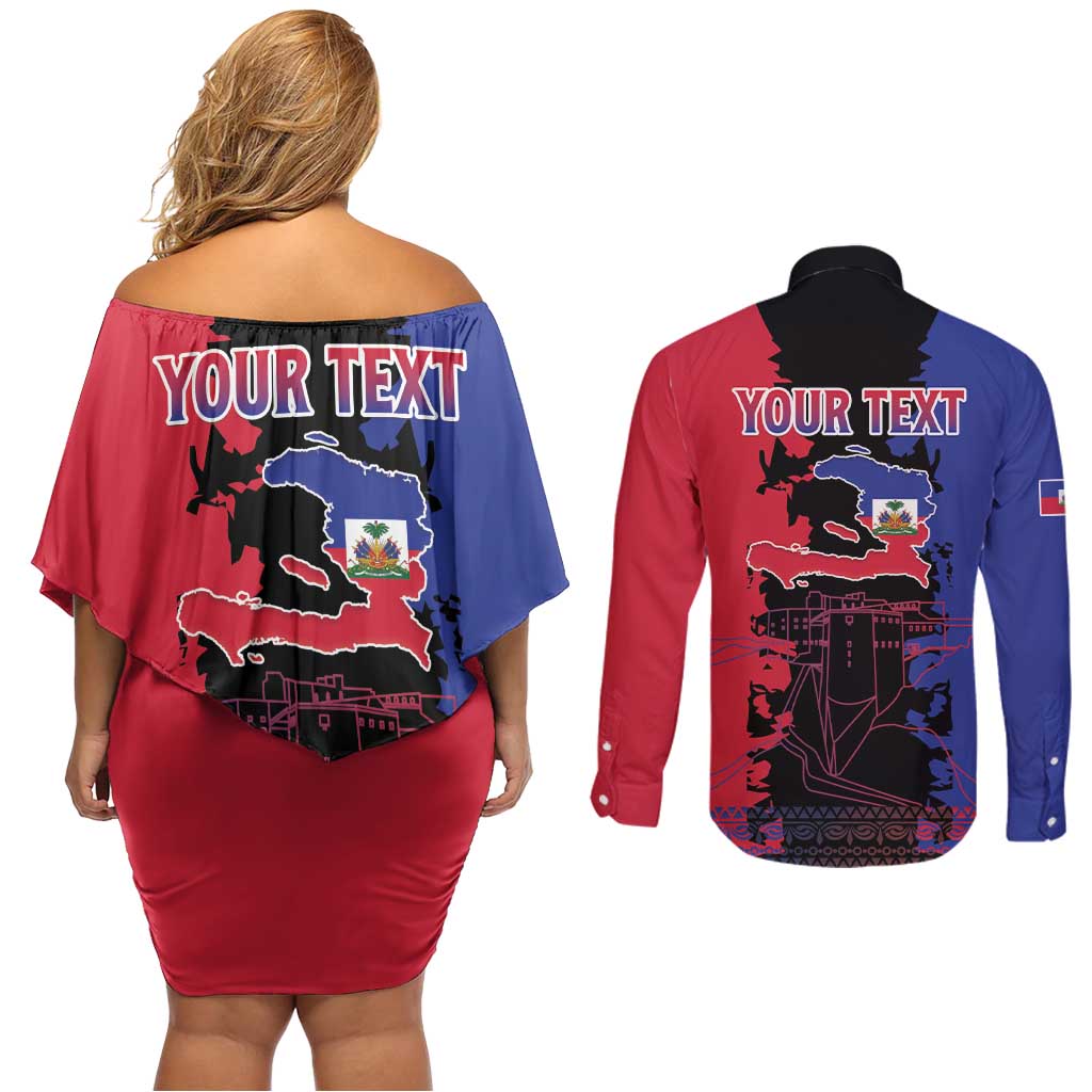 Personalised Haitian Heritage Month Couples Matching Off Shoulder Short Dress and Long Sleeve Button Shirt Citadelle Laferriere Dashiki Pattern