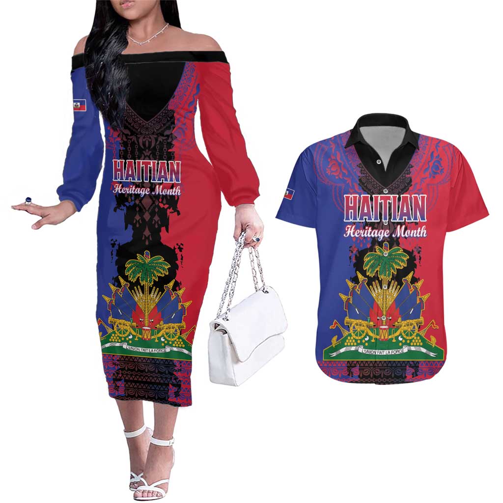 Personalised Haitian Heritage Month Couples Matching Off The Shoulder Long Sleeve Dress and Hawaiian Shirt Citadelle Laferriere Dashiki Pattern