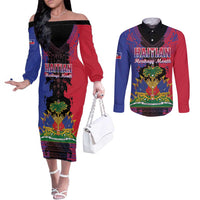 Personalised Haitian Heritage Month Couples Matching Off The Shoulder Long Sleeve Dress and Long Sleeve Button Shirt Citadelle Laferriere Dashiki Pattern