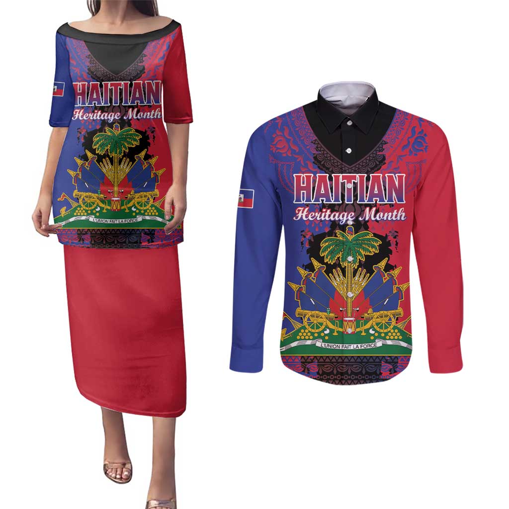 Personalised Haitian Heritage Month Couples Matching Puletasi and Long Sleeve Button Shirt Citadelle Laferriere Dashiki Pattern