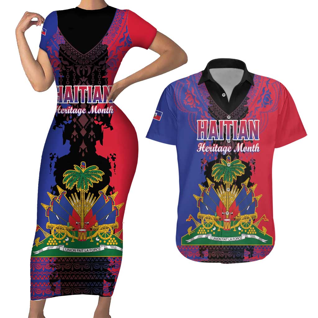 Personalised Haitian Heritage Month Couples Matching Short Sleeve Bodycon Dress and Hawaiian Shirt Citadelle Laferriere Dashiki Pattern