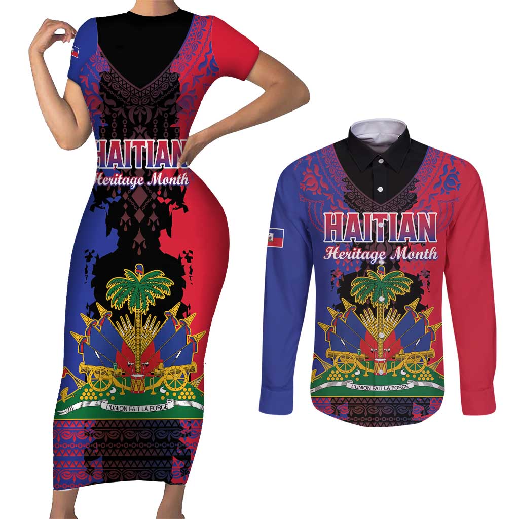 Personalised Haitian Heritage Month Couples Matching Short Sleeve Bodycon Dress and Long Sleeve Button Shirt Citadelle Laferriere Dashiki Pattern