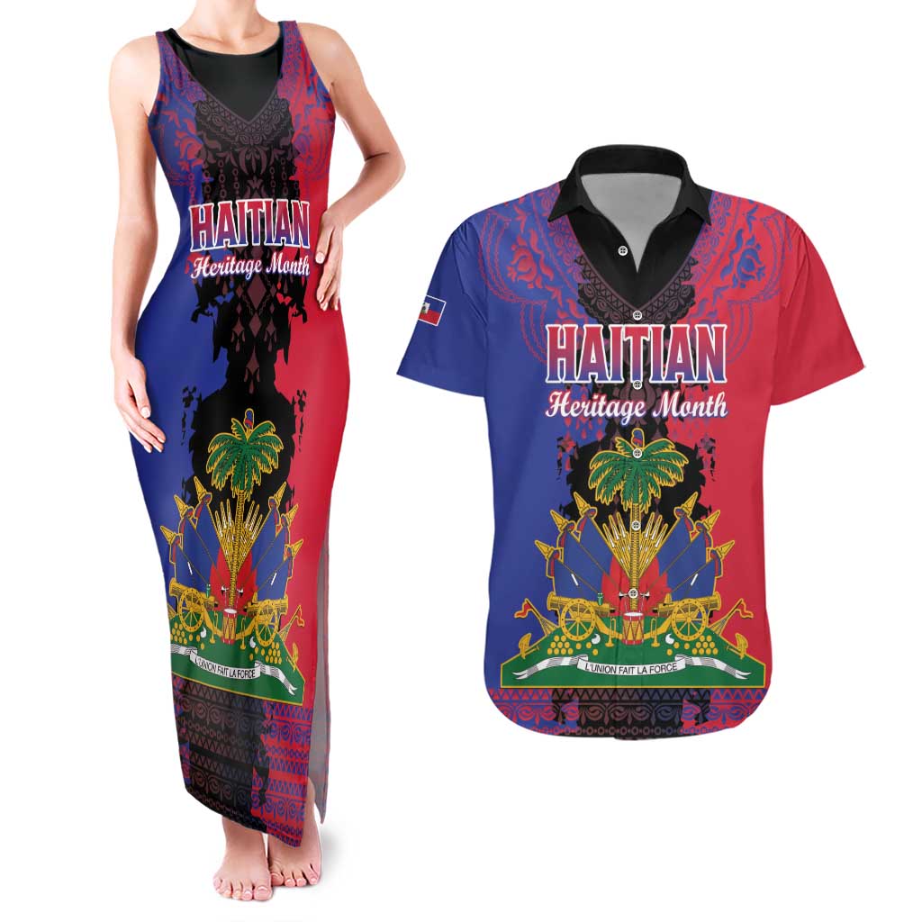 Personalised Haitian Heritage Month Couples Matching Tank Maxi Dress and Hawaiian Shirt Citadelle Laferriere Dashiki Pattern