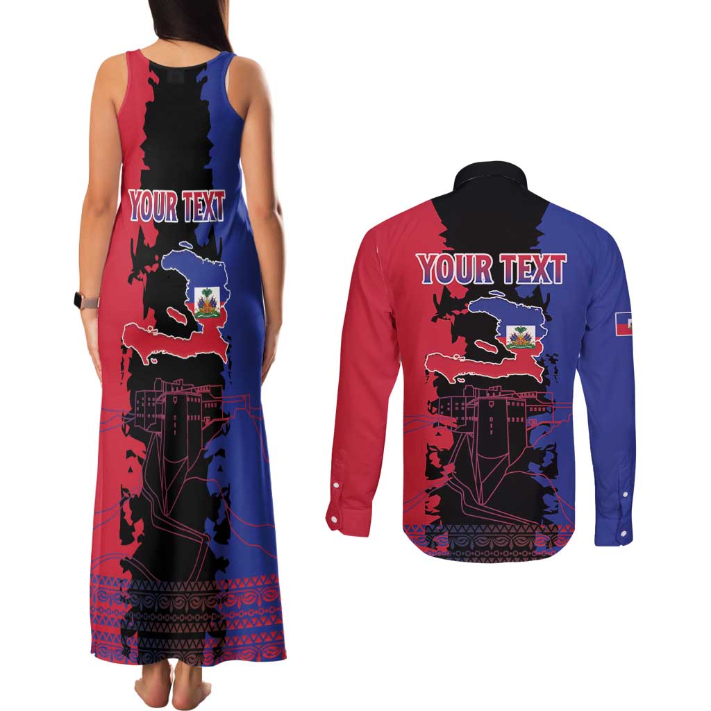 Personalised Haitian Heritage Month Couples Matching Tank Maxi Dress and Long Sleeve Button Shirt Citadelle Laferriere Dashiki Pattern