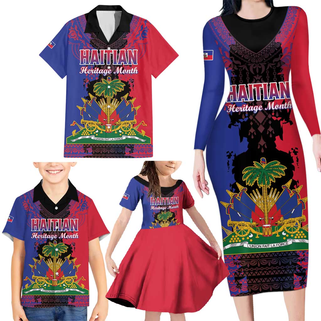 Personalised Haitian Heritage Month Family Matching Long Sleeve Bodycon Dress and Hawaiian Shirt Citadelle Laferriere Dashiki Pattern