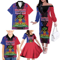 Personalised Haitian Heritage Month Family Matching Off The Shoulder Long Sleeve Dress and Hawaiian Shirt Citadelle Laferriere Dashiki Pattern