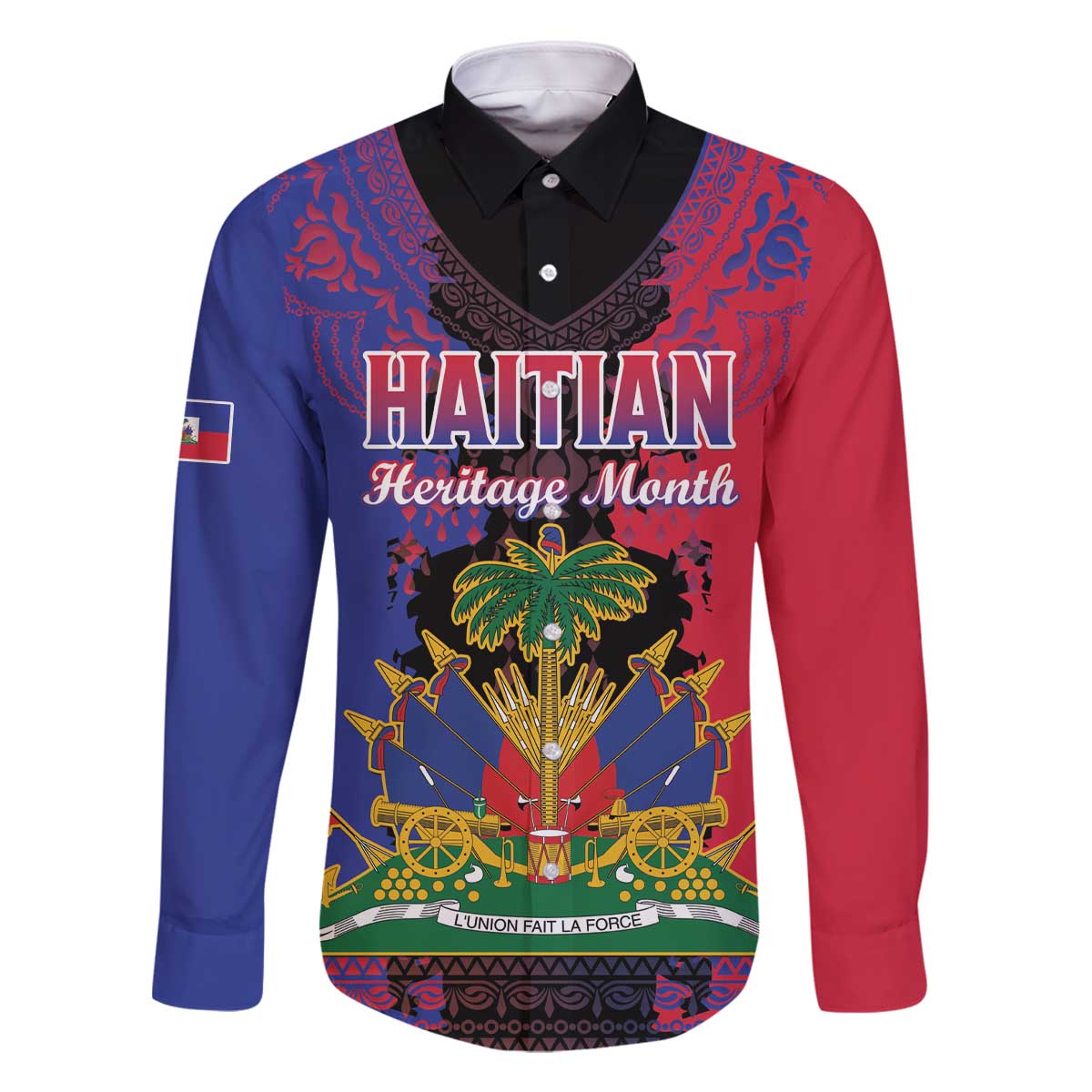 Personalised Haitian Heritage Month Family Matching Off The Shoulder Long Sleeve Dress and Hawaiian Shirt Citadelle Laferriere Dashiki Pattern