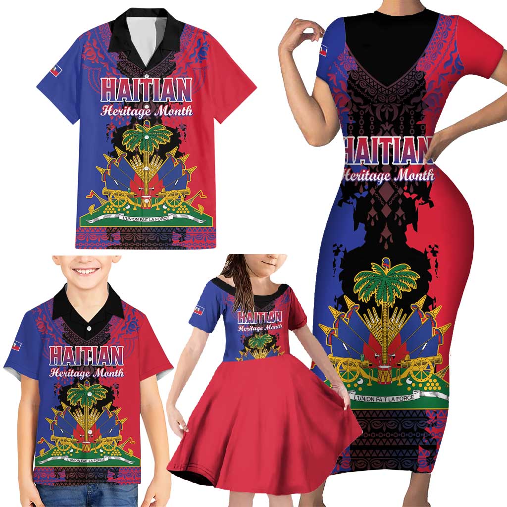 Personalised Haitian Heritage Month Family Matching Short Sleeve Bodycon Dress and Hawaiian Shirt Citadelle Laferriere Dashiki Pattern