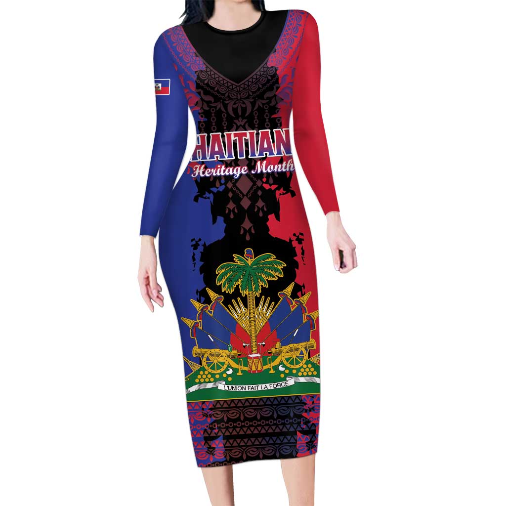 Personalised Haitian Heritage Month Long Sleeve Bodycon Dress Citadelle Laferriere Dashiki Pattern