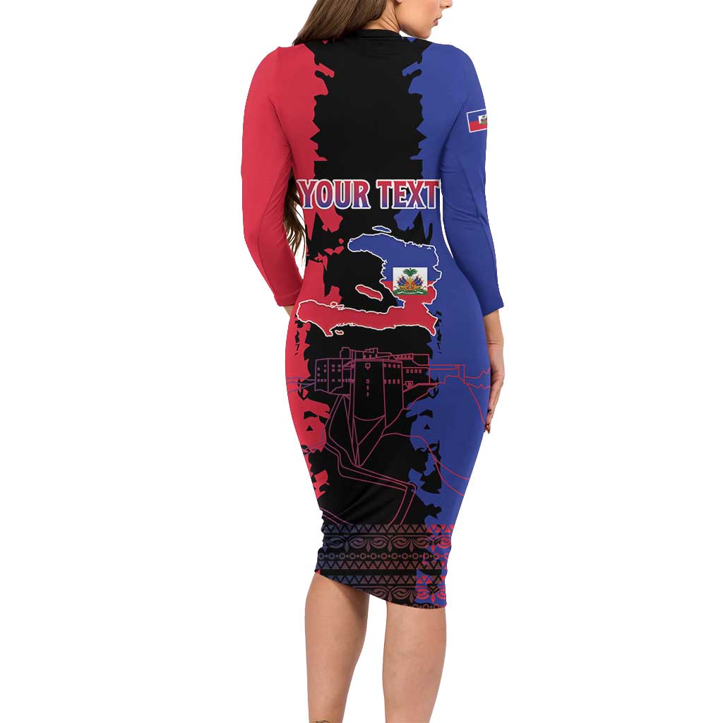 Personalised Haitian Heritage Month Long Sleeve Bodycon Dress Citadelle Laferriere Dashiki Pattern