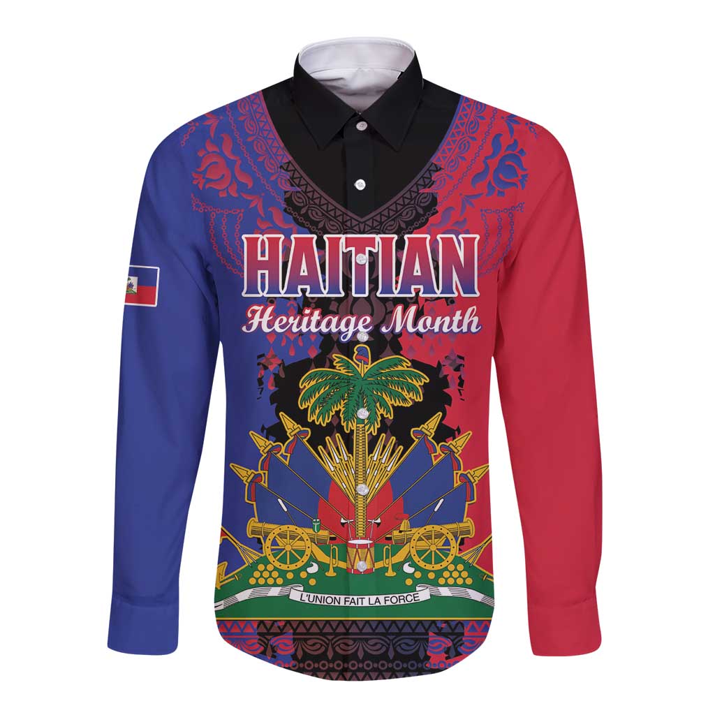 Personalised Haitian Heritage Month Long Sleeve Button Shirt Citadelle Laferriere Dashiki Pattern